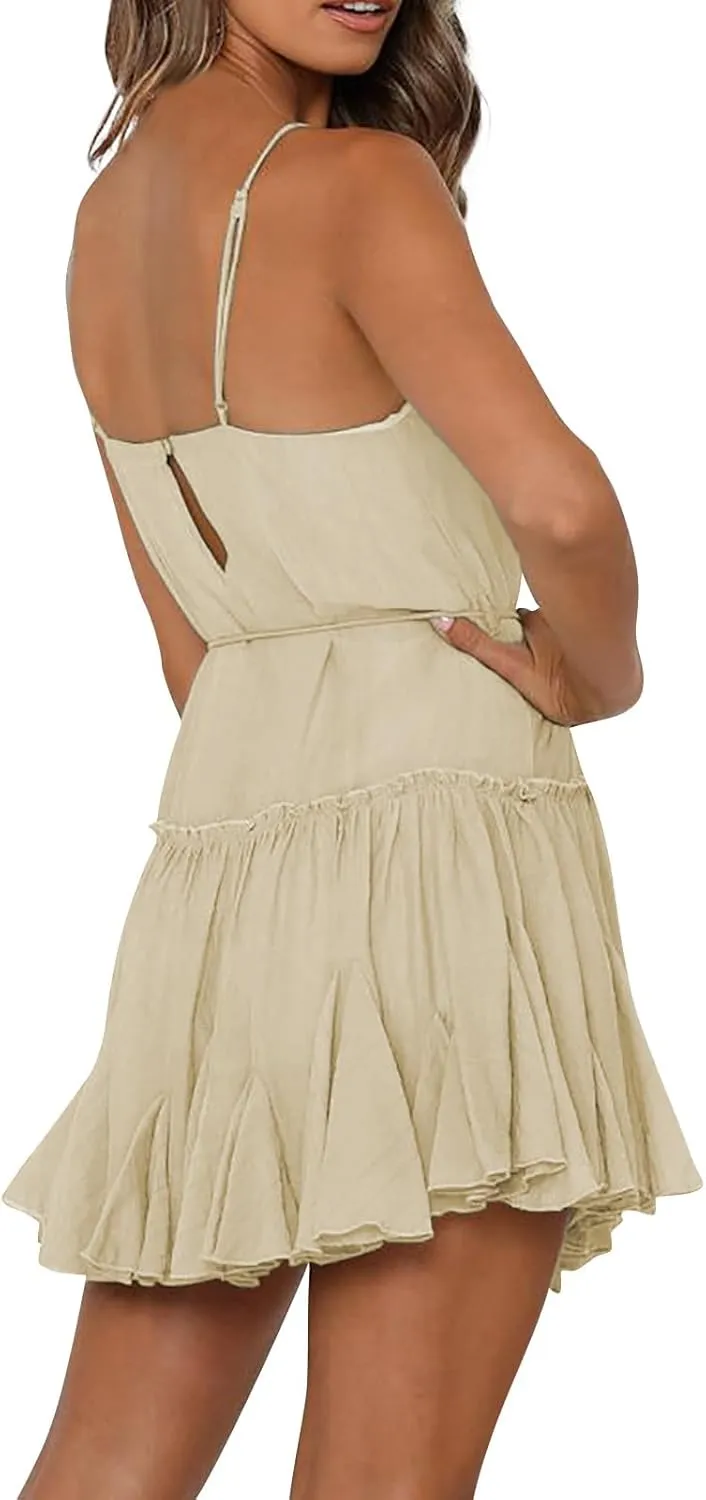 Sundresses for Women Summer Spaghetti Strap Tie Waist Ruffle Mini Dress A Line Flowy Tiered Dress Vacation Dresses