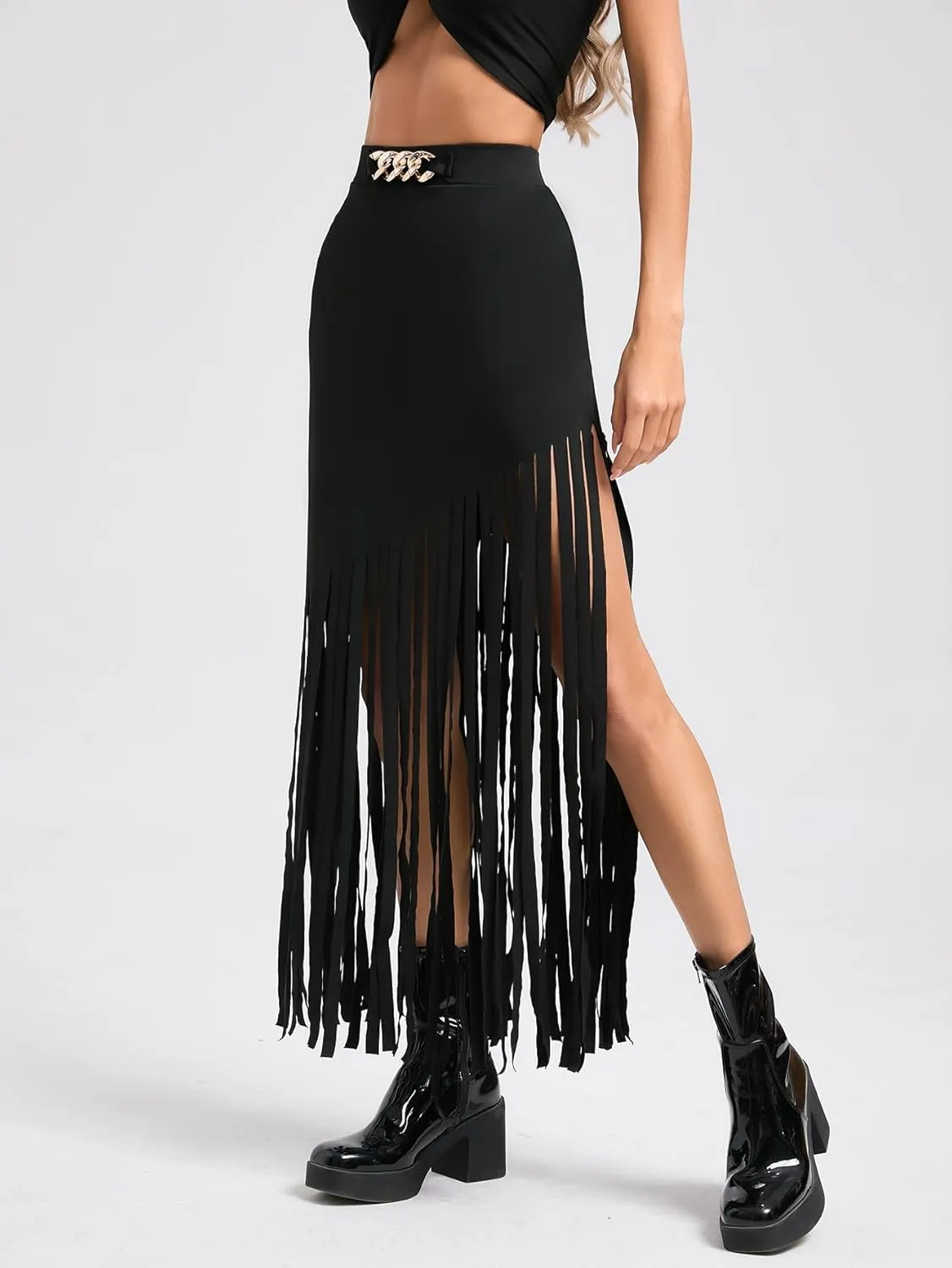 SweatyRocks Women's Asymmetrical Fringe Hem Maxi Skirt High Waist Summer Skirts