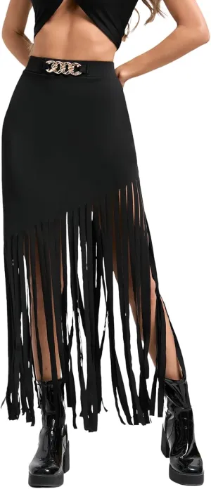 SweatyRocks Women's Asymmetrical Fringe Hem Maxi Skirt High Waist Summer Skirts