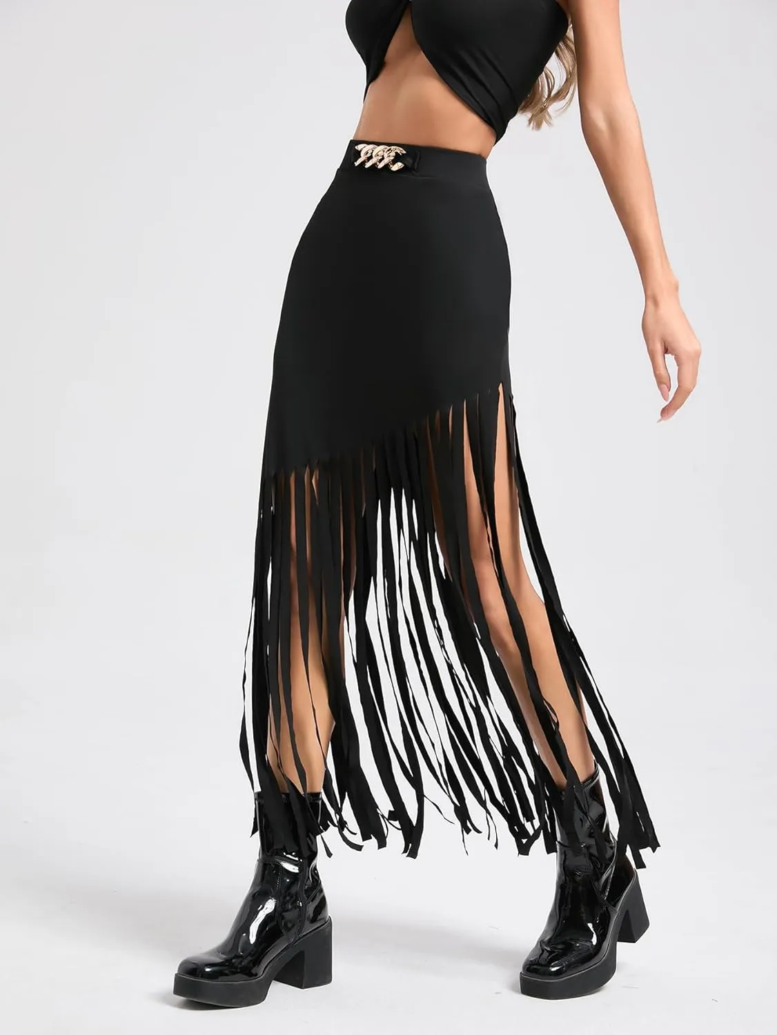 SweatyRocks Women's Asymmetrical Fringe Hem Maxi Skirt High Waist Summer Skirts
