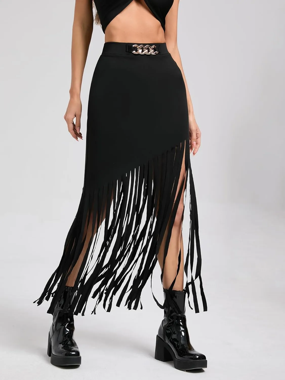 SweatyRocks Women's Asymmetrical Fringe Hem Maxi Skirt High Waist Summer Skirts