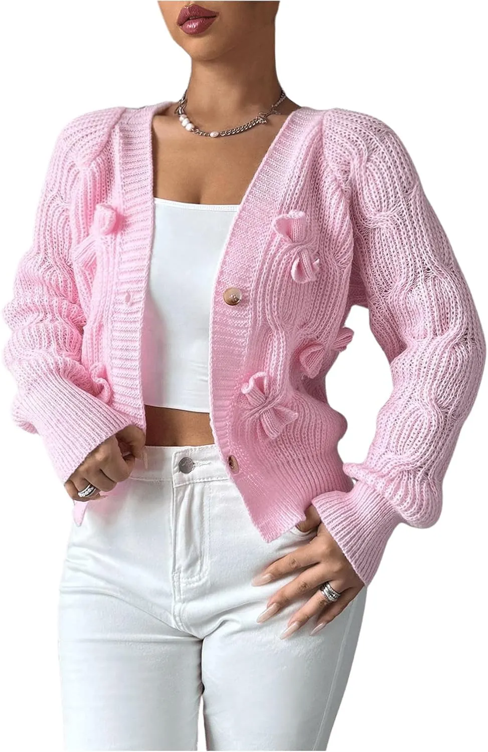 SweatyRocks Women's Crochet Cardigan V Neck Long Sleeve Bow Decorated Button Down Knit Sweater Tops