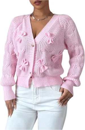 SweatyRocks Women's Crochet Cardigan V Neck Long Sleeve Bow Decorated Button Down Knit Sweater Tops