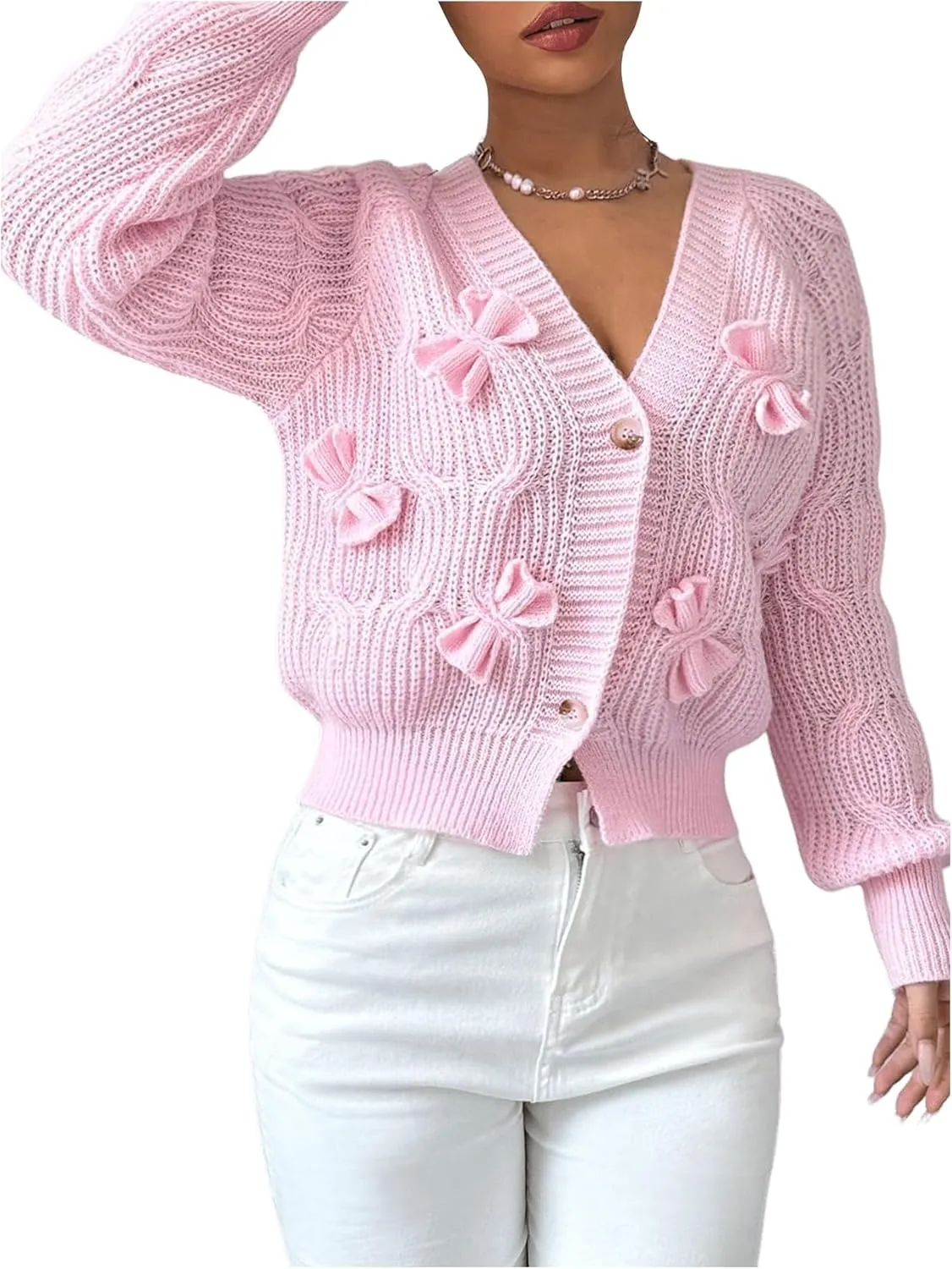 SweatyRocks Women's Crochet Cardigan V Neck Long Sleeve Bow Decorated Button Down Knit Sweater Tops