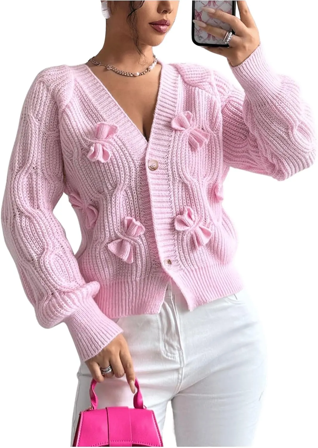 SweatyRocks Women's Crochet Cardigan V Neck Long Sleeve Bow Decorated Button Down Knit Sweater Tops