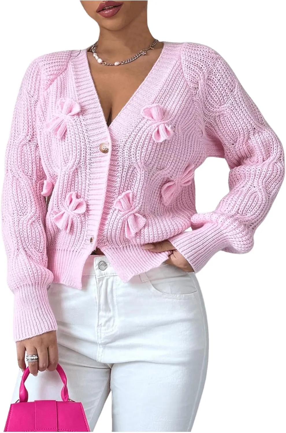 SweatyRocks Women's Crochet Cardigan V Neck Long Sleeve Bow Decorated Button Down Knit Sweater Tops