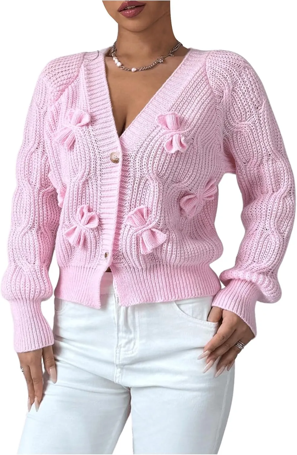 SweatyRocks Women's Crochet Cardigan V Neck Long Sleeve Bow Decorated Button Down Knit Sweater Tops