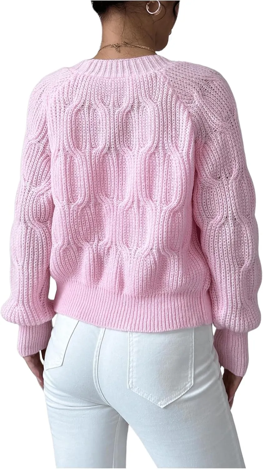 SweatyRocks Women's Crochet Cardigan V Neck Long Sleeve Bow Decorated Button Down Knit Sweater Tops