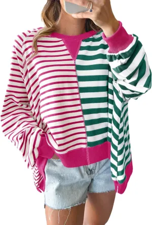 Tankaneo Womens Oversized Sweatshirt Striped Color Block Crew Neck Tops Casual Long Sleeve Tunic Shirts Purple
