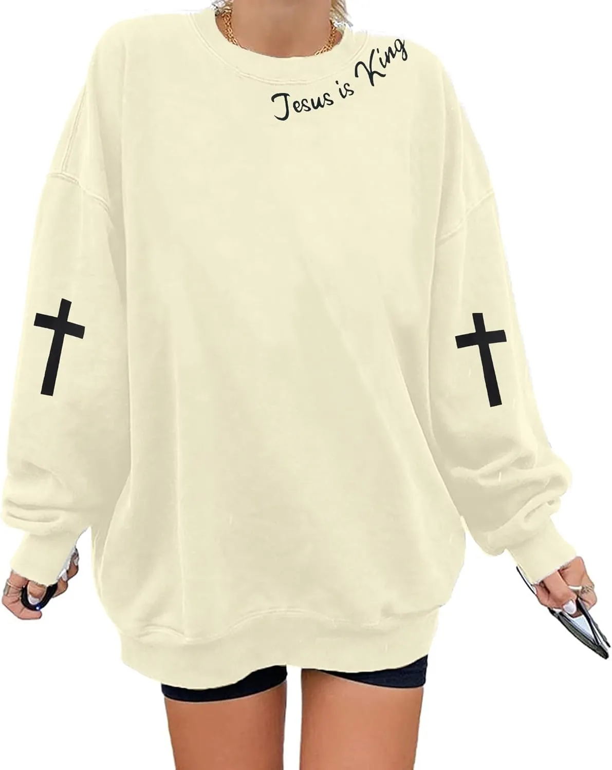 TAOHONG Oversized Christian Sweatshirts for Women Jesus is King Sweatshirt Faith Shirt Bible Verse Religious Pullover Tops