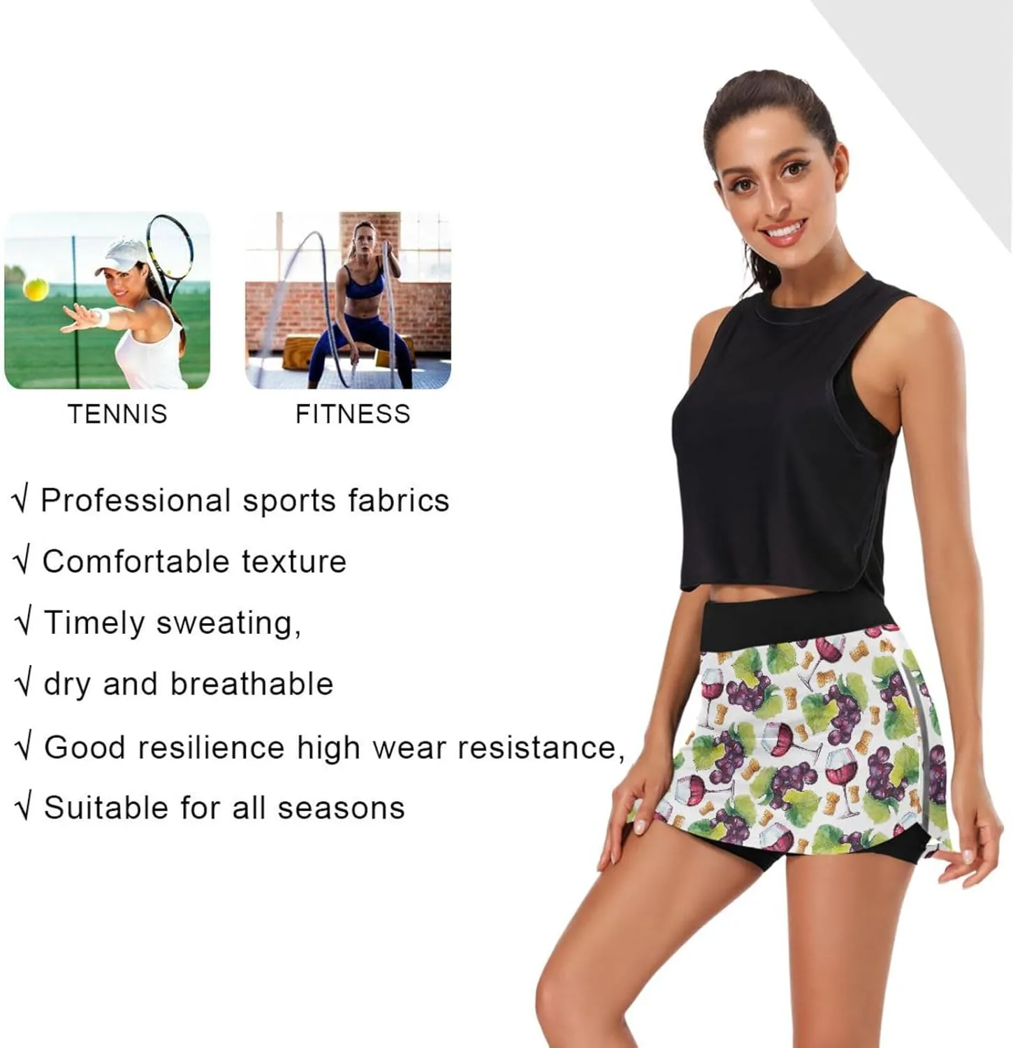 Tennis Skirt for Women with Shorts Glass Red Wine Grapes Athletic Golf Skorts High Waisted Workout Skirts S