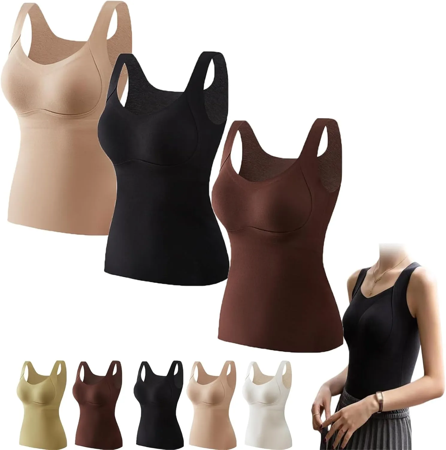 Thickened Warm Tank Top with Shelf Bra, 2024 Fall Winter Stretch Sleeveless Vest Casual Camisole Base Layer