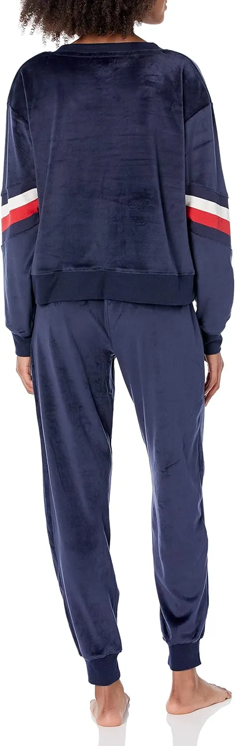 Tommy Hilfiger Women's Logo Sleeve Velour Pullover Cuffed Bottom Pants Pajamas Set Pj