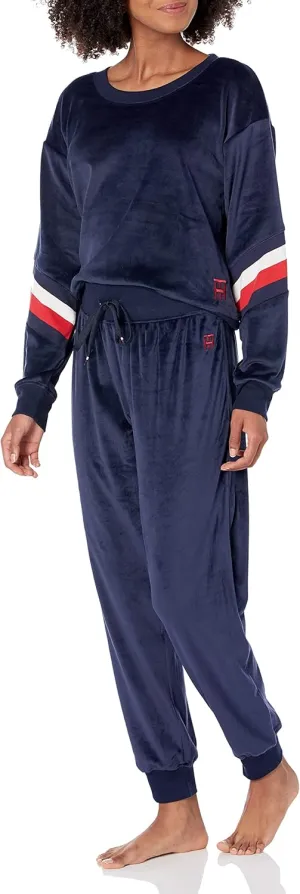 Tommy Hilfiger Women's Logo Sleeve Velour Pullover Cuffed Bottom Pants Pajamas Set Pj