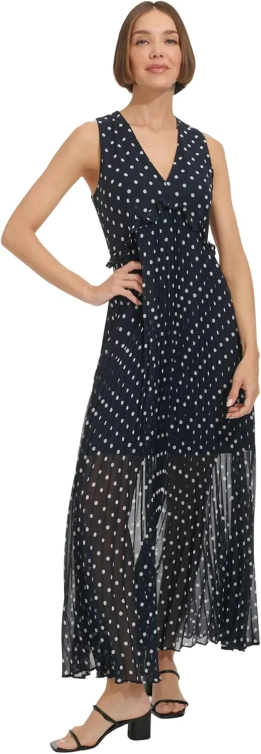 Tommy Hilfiger Women's Sleeveless V-Neck Chiffon Pleated Maxi Dress