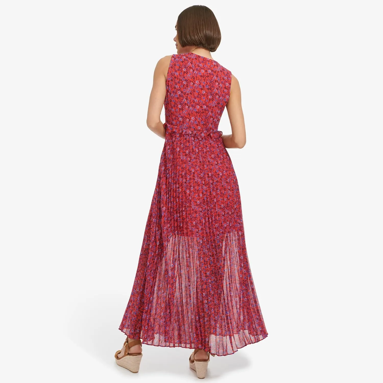Tommy Hilfiger Women's Sleeveless V-Neck Chiffon Pleated Maxi Dress