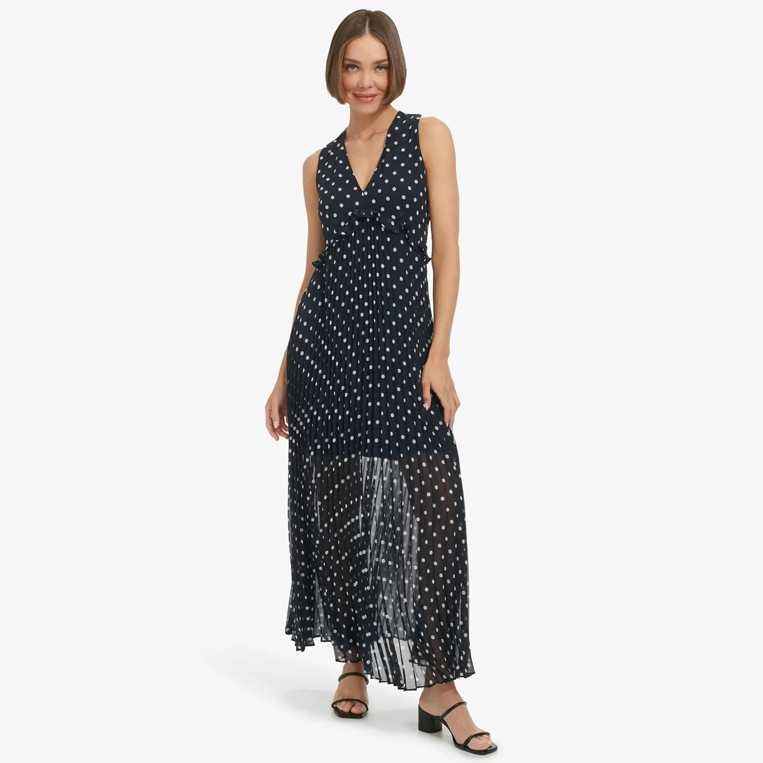 Tommy Hilfiger Women's Sleeveless V-Neck Chiffon Pleated Maxi Dress