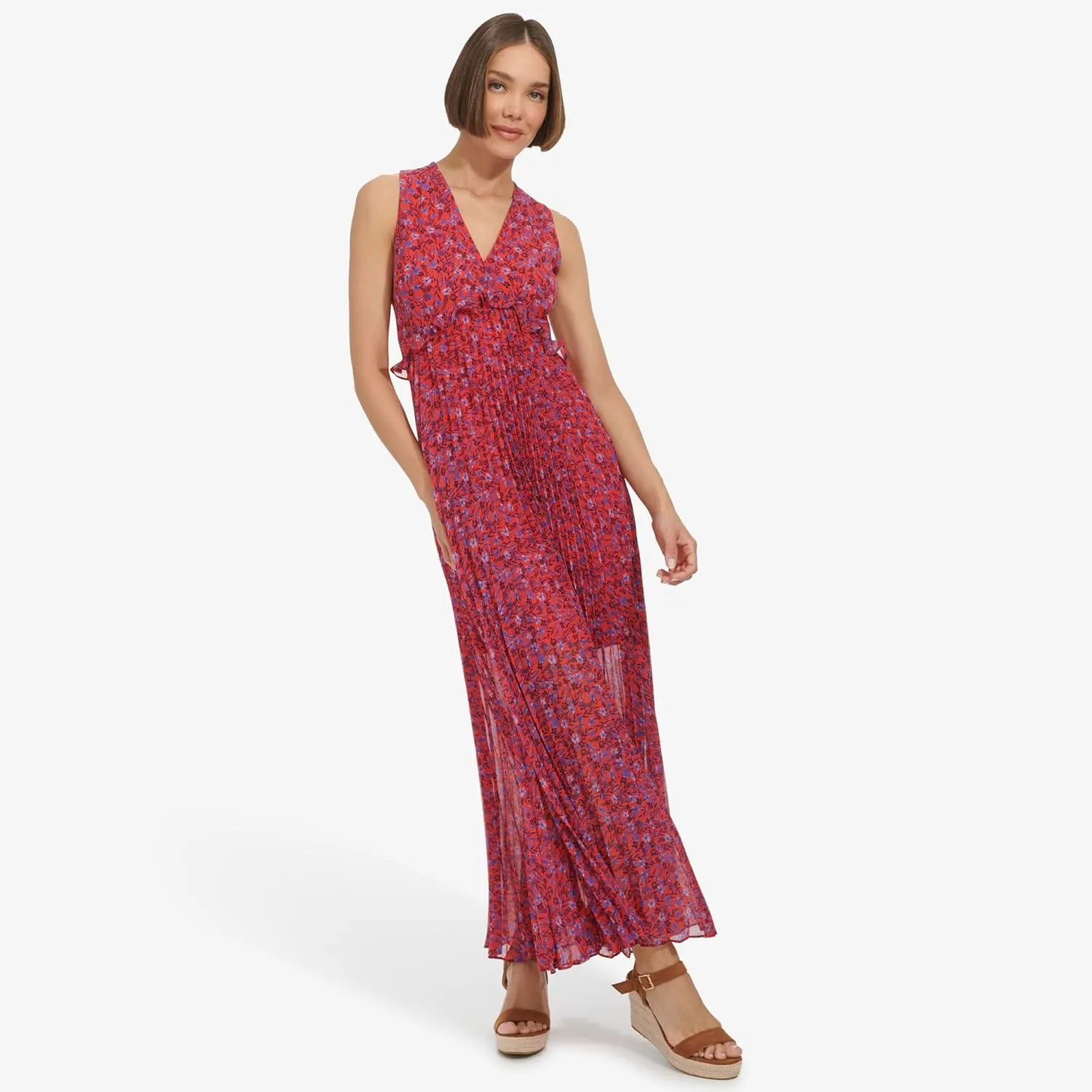 Tommy Hilfiger Women's Sleeveless V-Neck Chiffon Pleated Maxi Dress