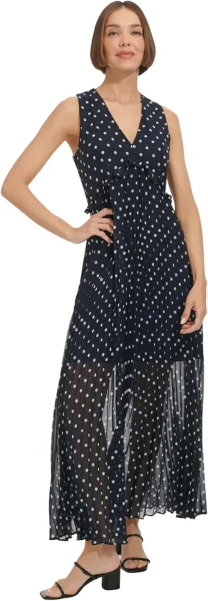 Tommy Hilfiger Women's Sleeveless V-Neck Chiffon Pleated Maxi Dress