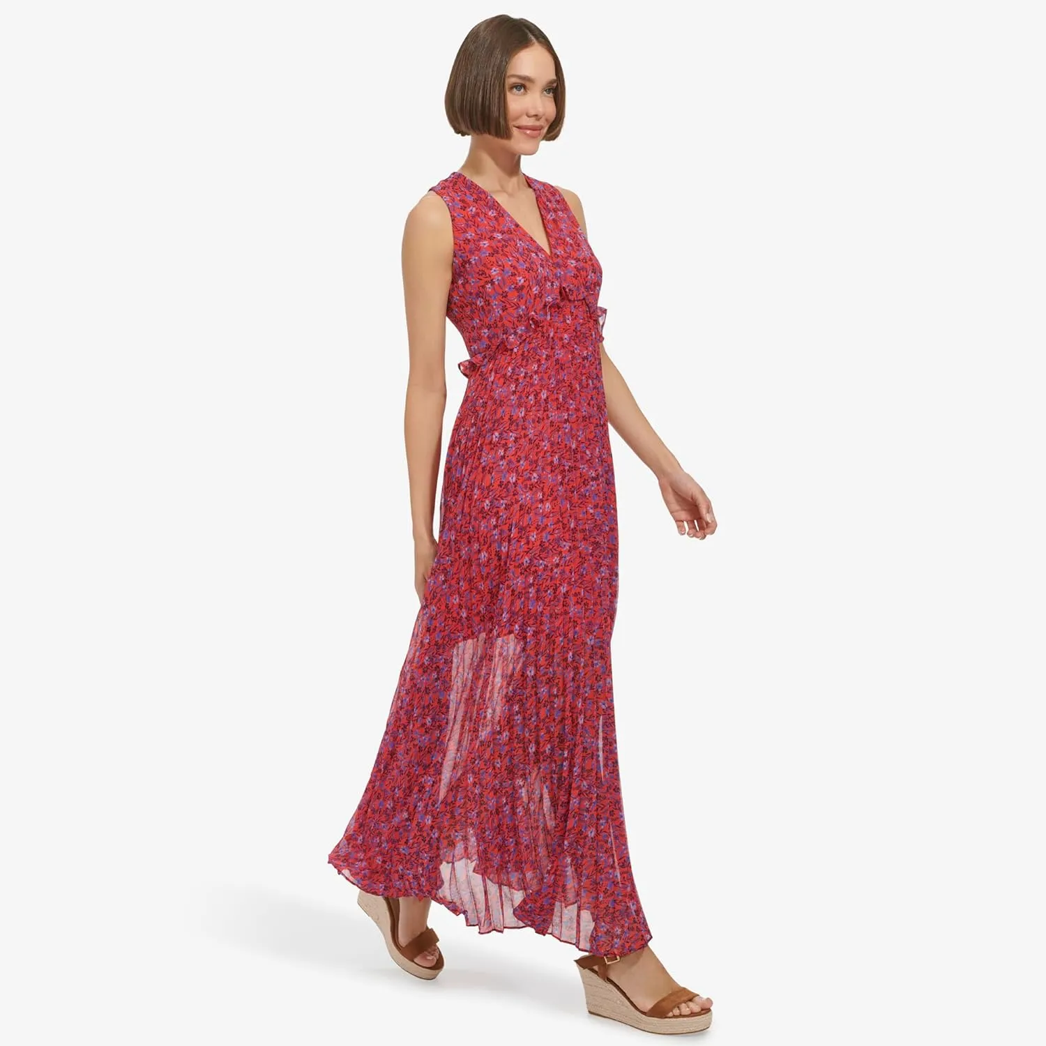 Tommy Hilfiger Women's Sleeveless V-Neck Chiffon Pleated Maxi Dress