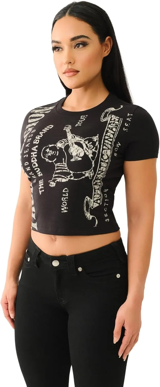 True Religion Women's Heritage Logo Short Sleeve Baby Tee - Casual Crew Neck T-Shirt