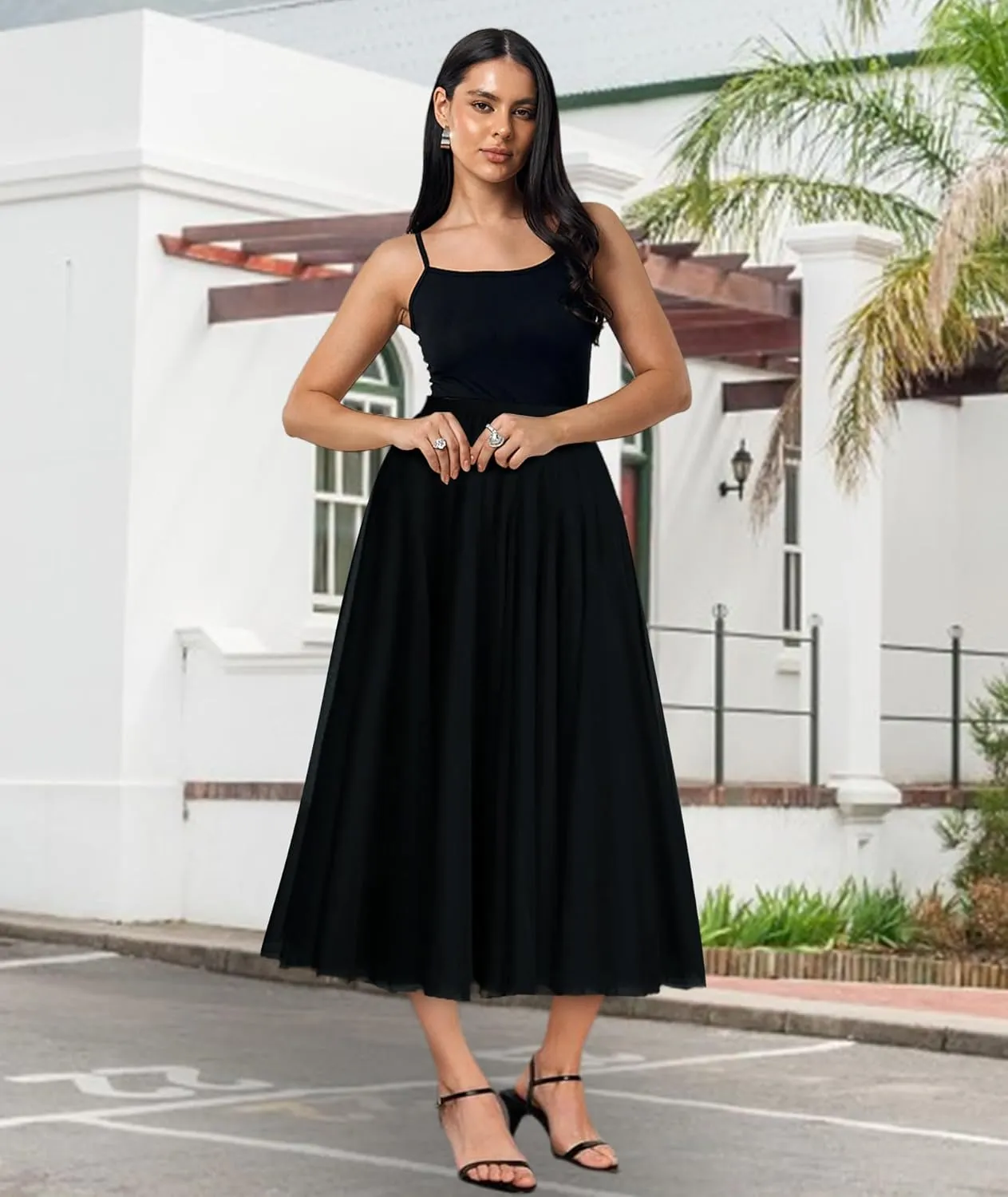 Tulle Skirts for Women Elastic High Waist Pleated Mesh Flowy A-Line Midi Skirts for Casual Party