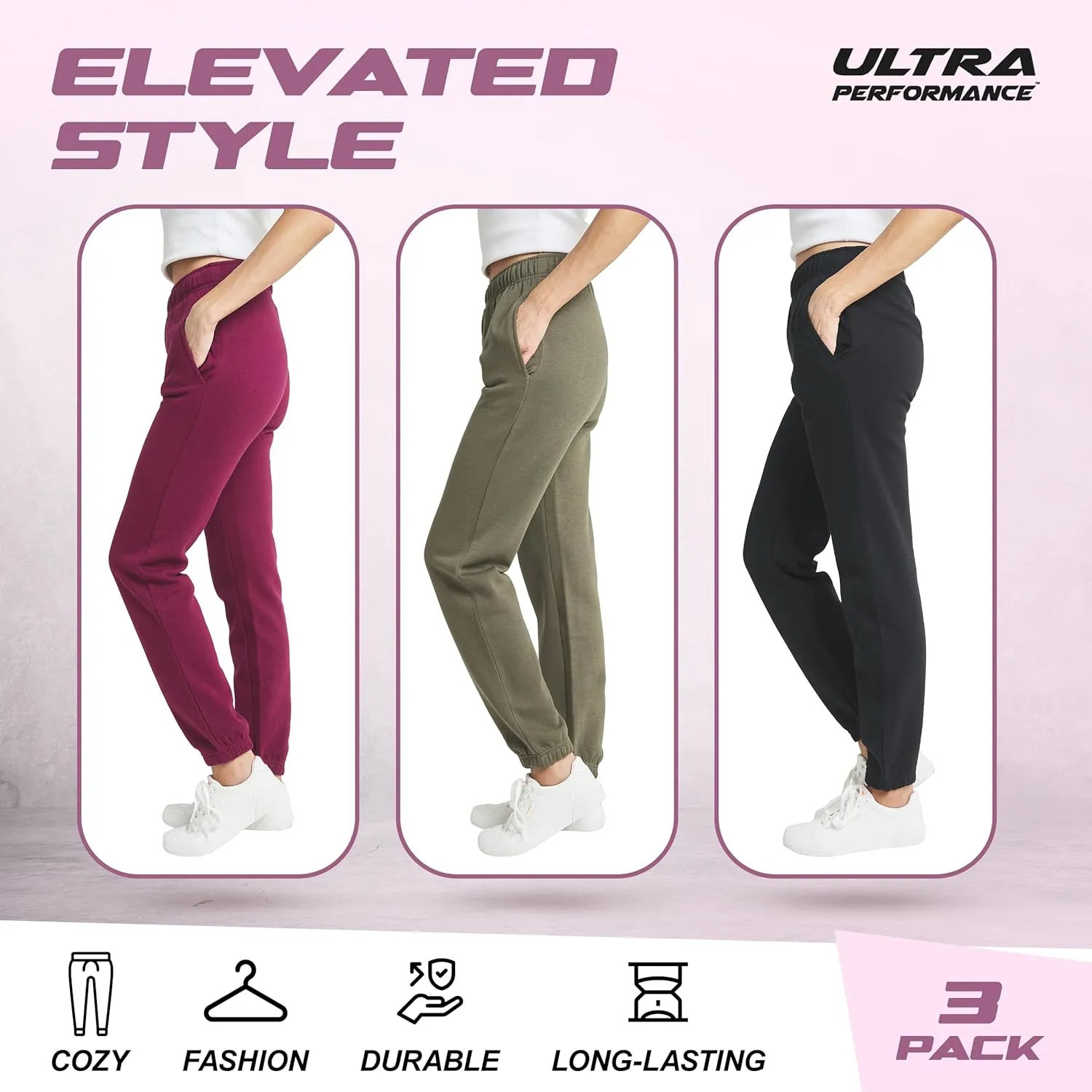 Ultra Performance Womens 3 PK High Waisted Fleece Cinched Pant