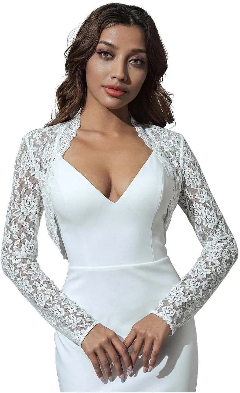 Unicra Women Lace Bolero Shrug for Dresses Elegant Floral Lace Shrug Top Open Front Sheer Long Sleeve Cropped Cardigan