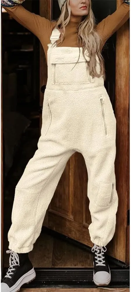 utcoco Womens Fuzzy Fleece Overall Jumpsuits Casual Loose Fit Winter Sherpa Bib Overalls with Pockets