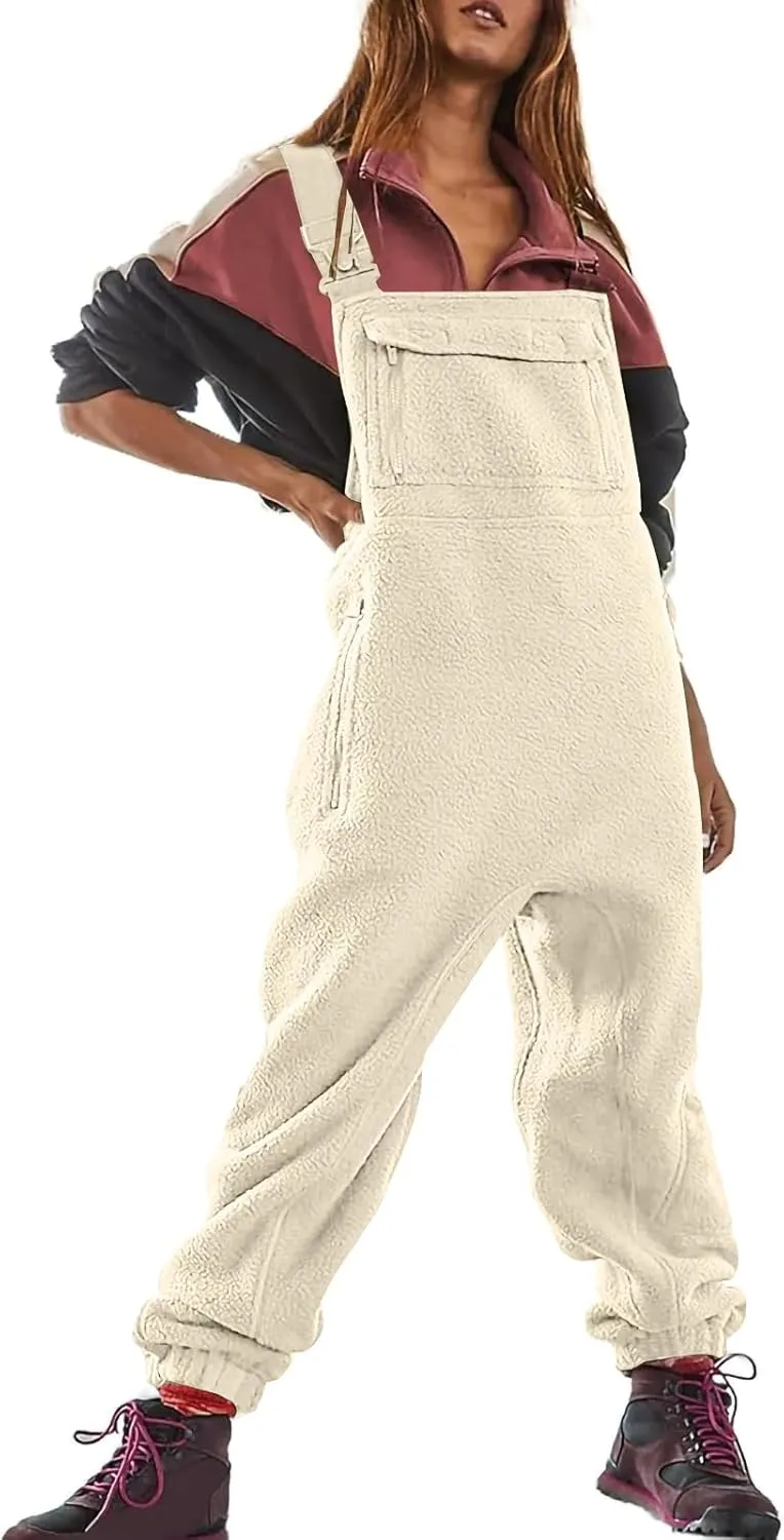 utcoco Womens Fuzzy Fleece Overall Jumpsuits Casual Loose Fit Winter Sherpa Bib Overalls with Pockets