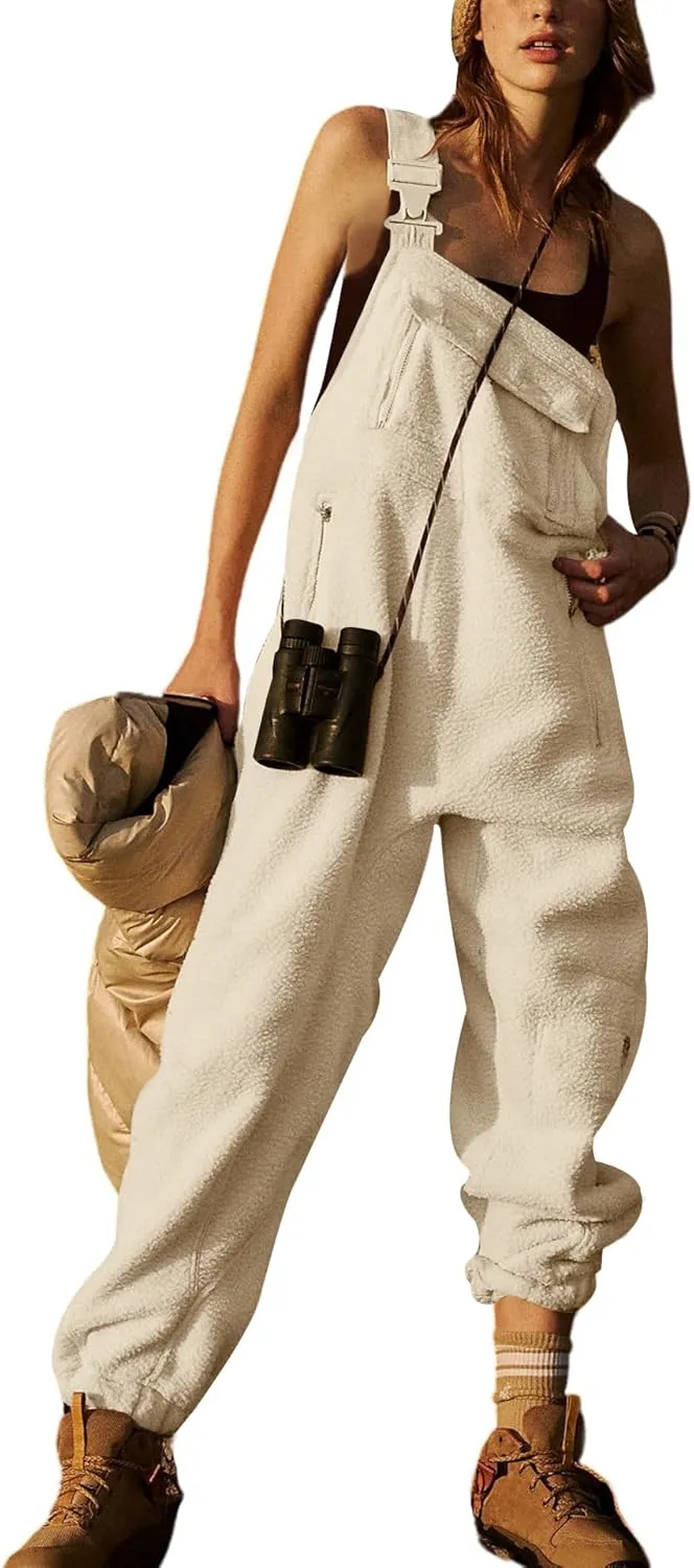 utcoco Womens Fuzzy Fleece Overall Jumpsuits Casual Loose Fit Winter Sherpa Bib Overalls with Pockets