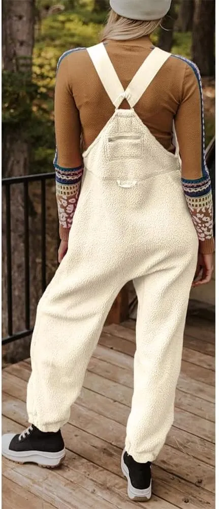 utcoco Womens Fuzzy Fleece Overall Jumpsuits Casual Loose Fit Winter Sherpa Bib Overalls with Pockets