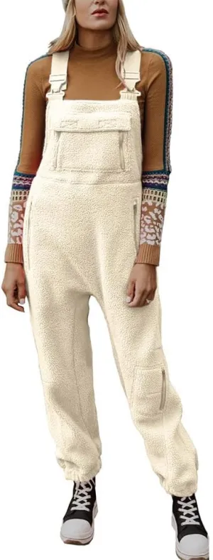 utcoco Womens Fuzzy Fleece Overall Jumpsuits Casual Loose Fit Winter Sherpa Bib Overalls with Pockets
