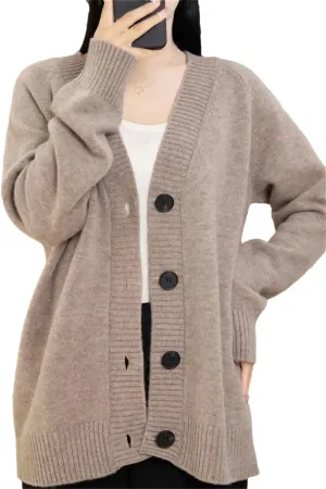 V-Neck Wool Cardigan Sweater Women Autumn Winter Long Sleeve Tops Solid Loose Warm Knitted Coat