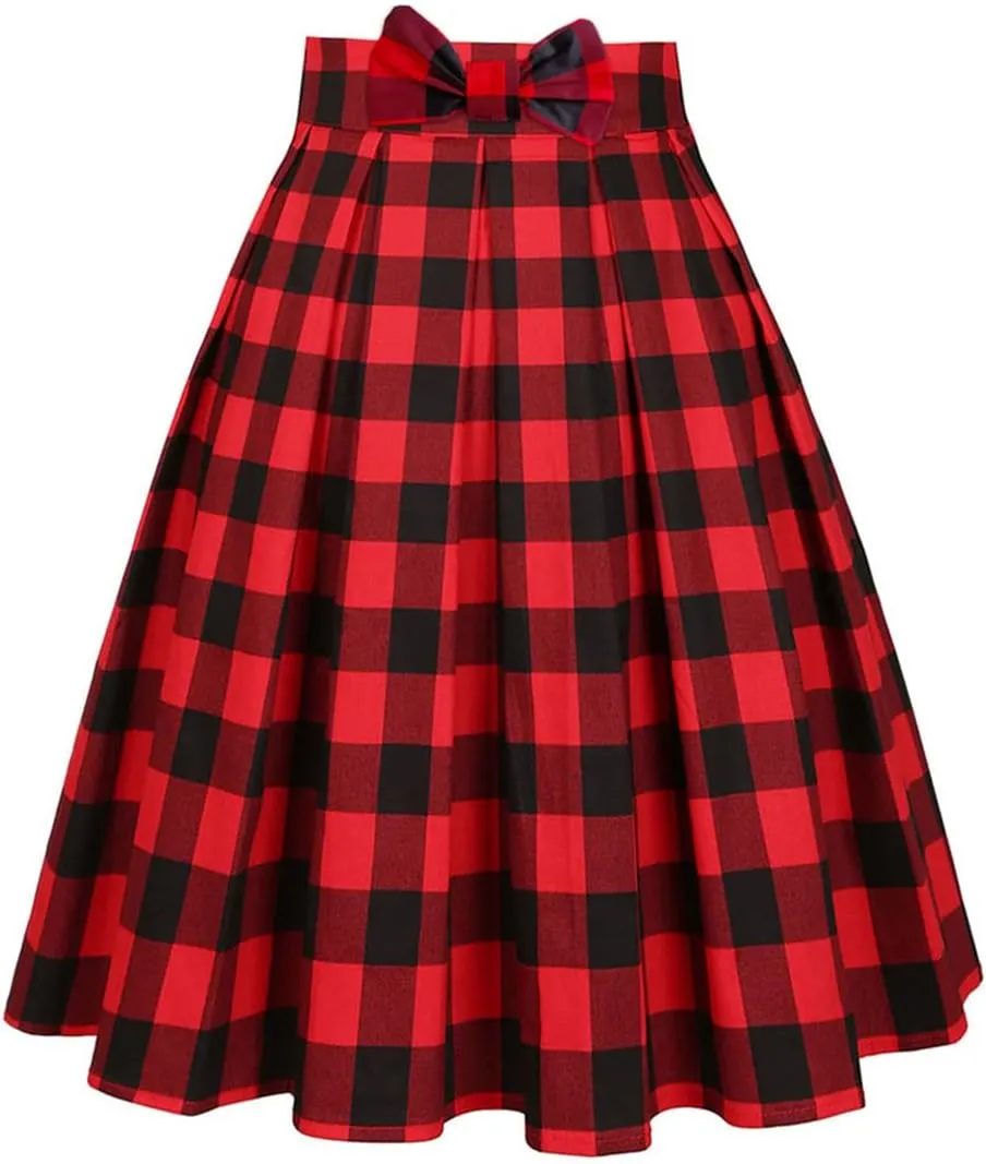 Valentine's Day Festival Rose Floral Print Black Skirt High Waist Vintage Cotton Midi Pleated Skirt Black Red Plaid Y L