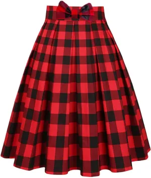 Valentine's Day Festival Rose Floral Print Black Skirt High Waist Vintage Cotton Midi Pleated Skirt Black Red Plaid Y L