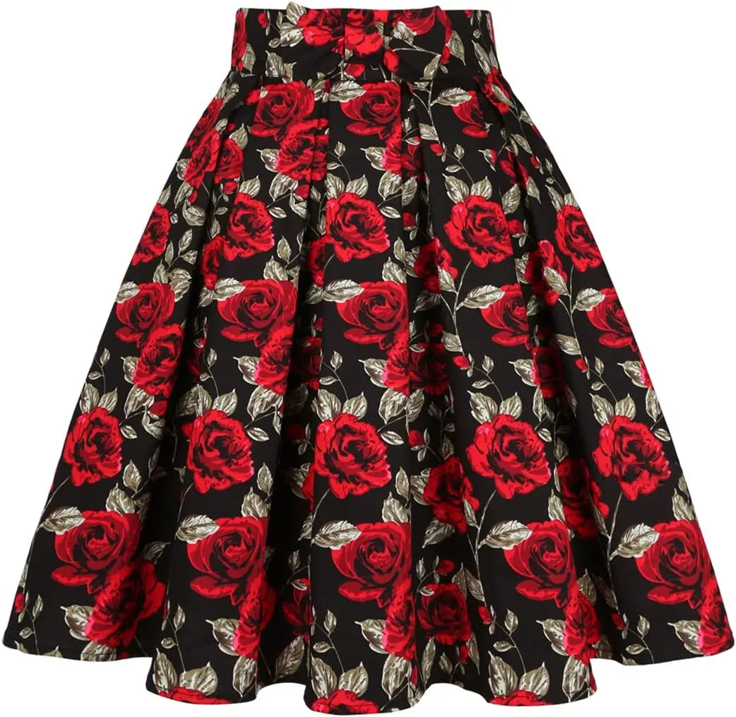Valentine's Day Festival Rose Floral Print Black Skirt High Waist Vintage Cotton Midi Pleated Skirt Black Rose Y S