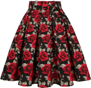 Valentine's Day Festival Rose Floral Print Black Skirt High Waist Vintage Cotton Midi Pleated Skirt Black Rose Y XL