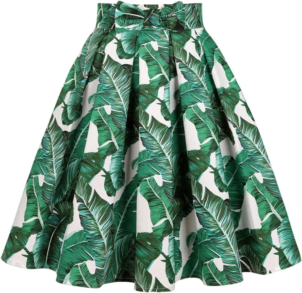 Valentine's Day Festival Rose Floral Print Black Skirt High Waist Vintage Cotton Midi Pleated Skirt BrightGreenLeaf Y M