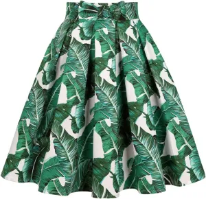 Valentine's Day Festival Rose Floral Print Black Skirt High Waist Vintage Cotton Midi Pleated Skirt BrightGreenLeaf Y XXL