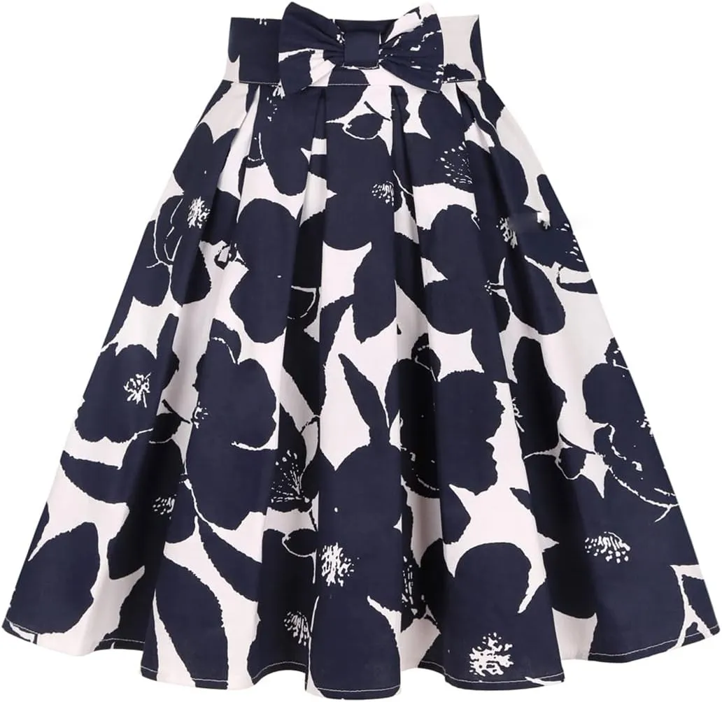 Valentine's Day Festival Rose Floral Print Black Skirt High Waist Vintage Cotton Midi Pleated Skirt Orchid Y S