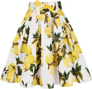 Valentine's Day Festival Rose Floral Print Black Skirt High Waist Vintage Cotton Midi Pleated Skirt White Lemony M