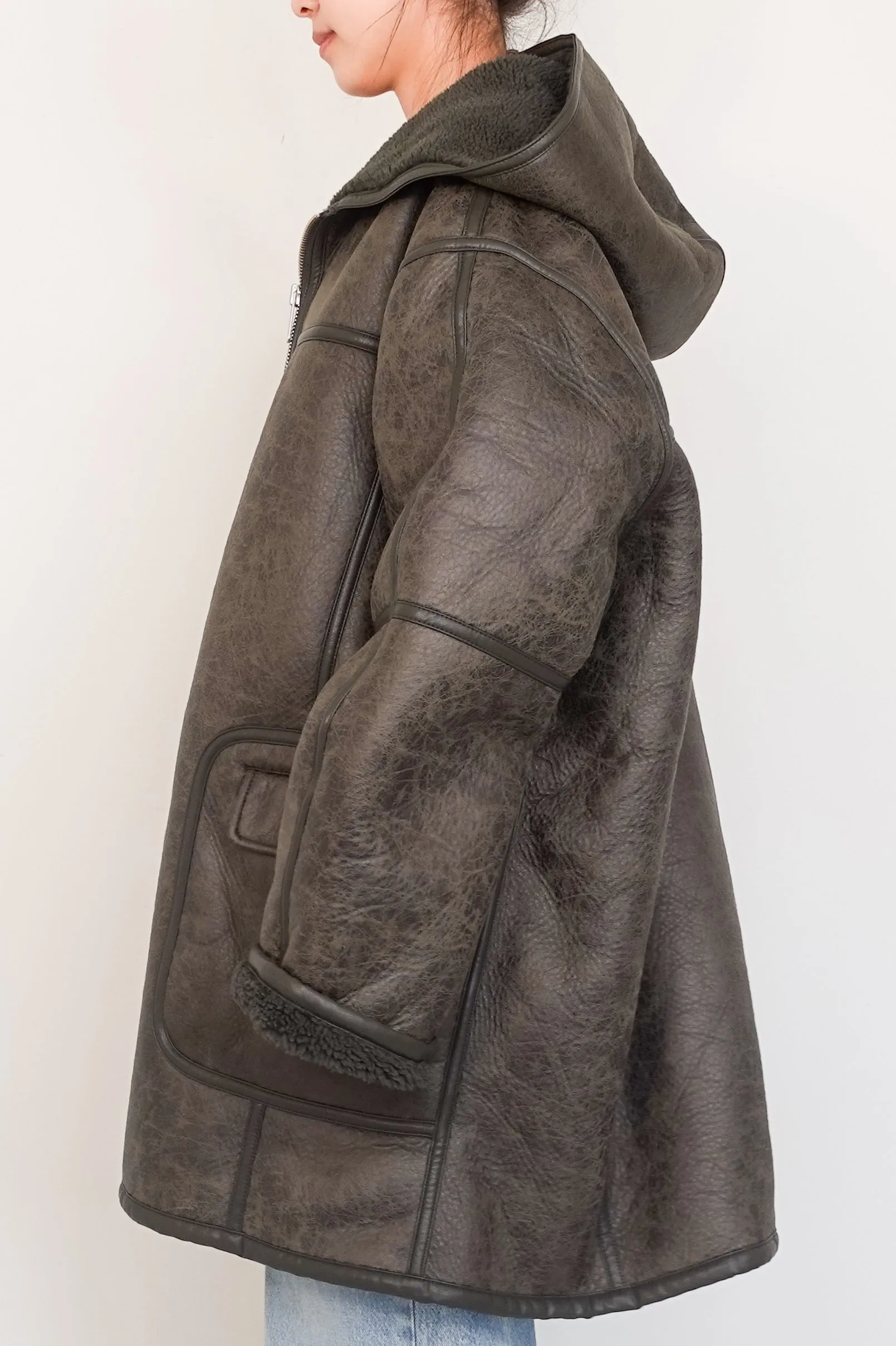 Vegan leather aviator style hooded coat RRP £550
