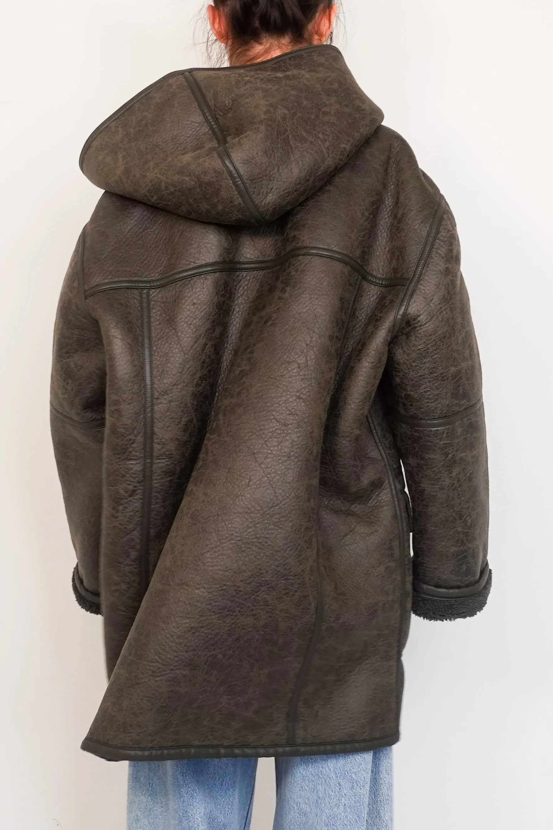 Vegan leather aviator style hooded coat RRP £550