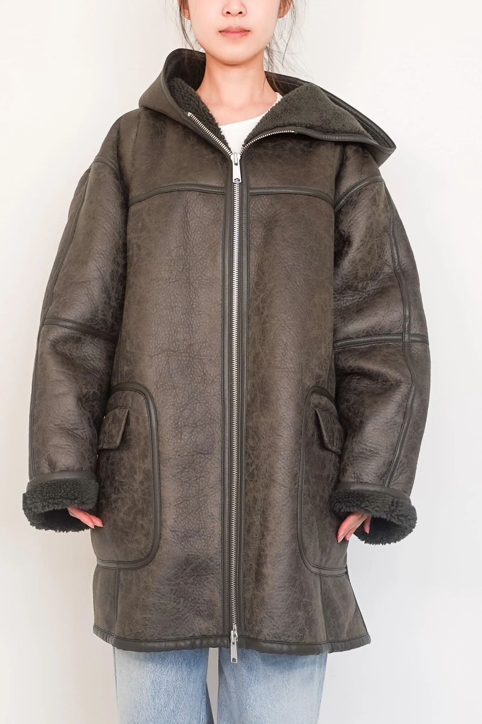 Vegan leather aviator style hooded coat RRP £550