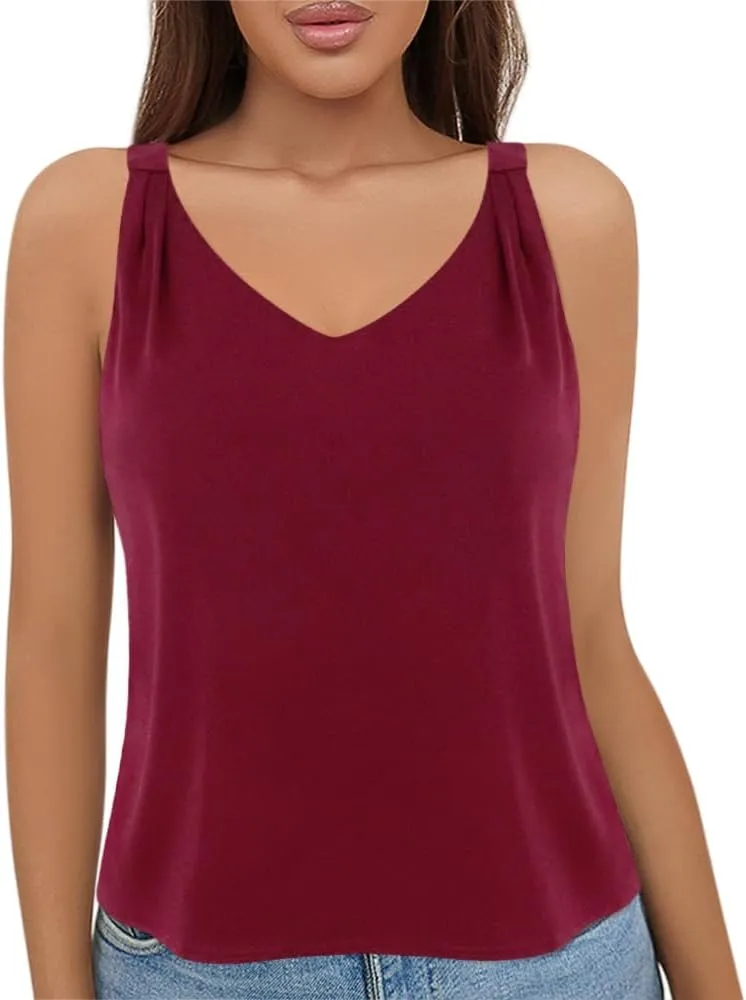 Vimoisa Women's Silk Satin Tank Tops V Neck Spaghetti Strap Camisole Blouse Casual Sleeveless Vest Basic Shirt