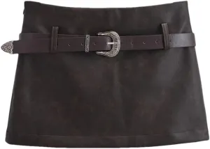 Vintage Harajuku Mini Skirts for Women Solid Pu Faux Leather Party Pencil Skirt with Belt