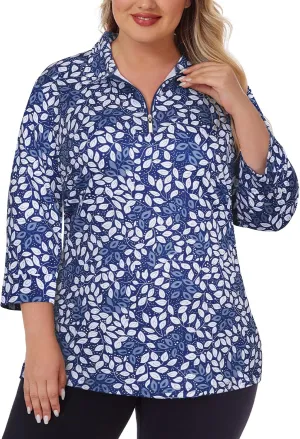 Viracy Plus Size Womens Golf Polo Shirts 3/4 Sleeve Zip Up Quick Dry Workout Tops
