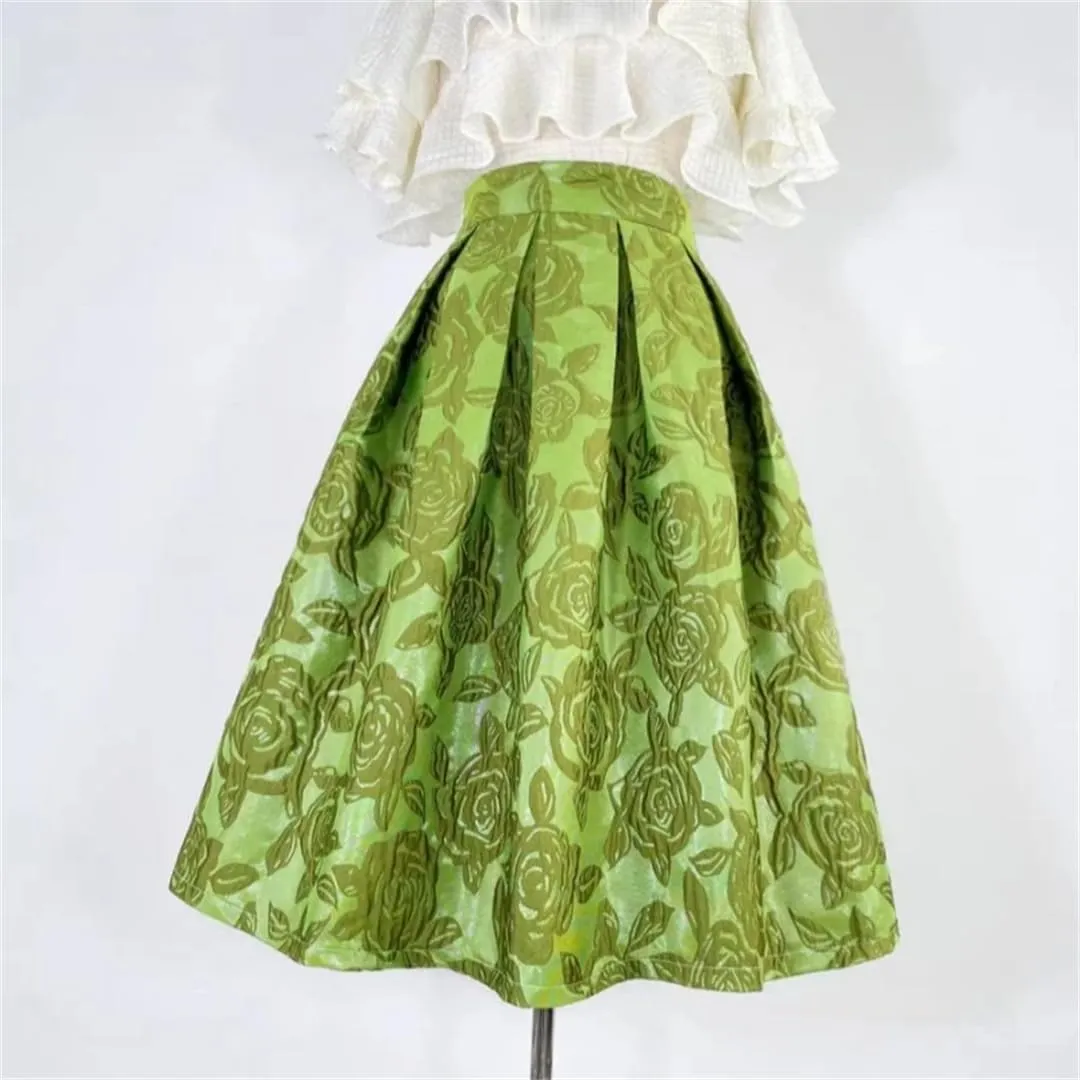 Vsadsau Women High Waist Long Skirt Pleated Midi Skirt Embroidered Mid-Calf Slim Fit Skirt
