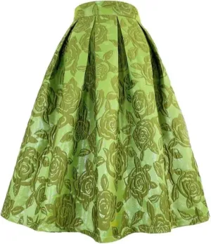Vsadsau Women High Waist Long Skirt Pleated Midi Skirt Embroidered Mid-Calf Slim Fit Skirt